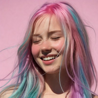 Woman with colorful pink blue hair smiling