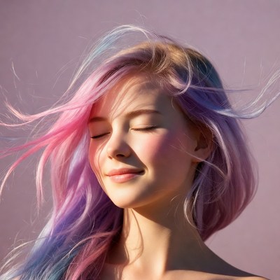 Woman with flowing pink blue hair