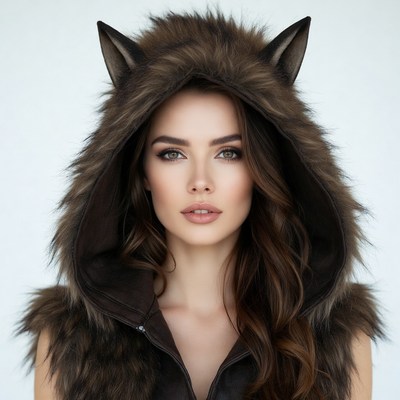 Woman in wolf ear fur hood