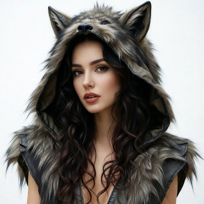 Woman wearing wolf fur hood