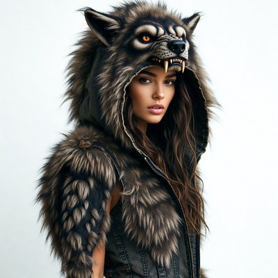 Woman in wolf hood costume