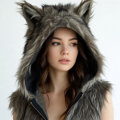 Woman wearing wolf fur hood