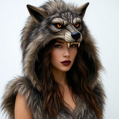 Woman wearing wolf hood mask