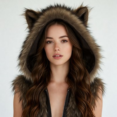 Woman in fluffy wolf ear hoodie