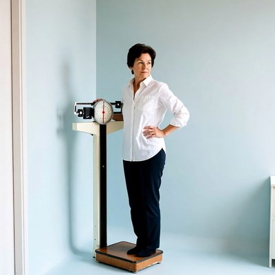 Woman standing on bathroom scale