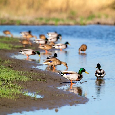 Mallard ducks by riverbank