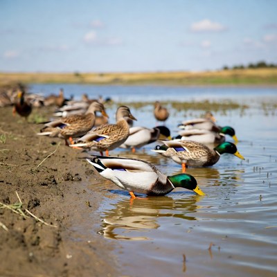 Group of ducks foraging by water