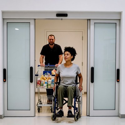 Man Pushing Woman in Wheelchair with Shopping Cart