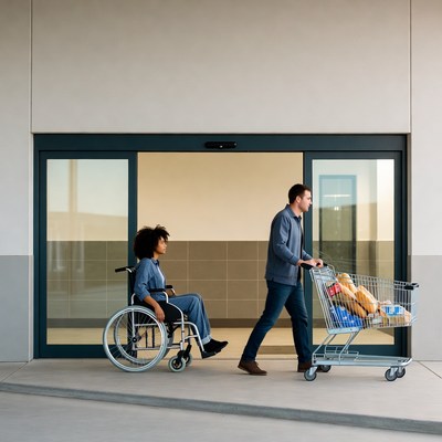 Man pushing wheelchair woman with shopping cart