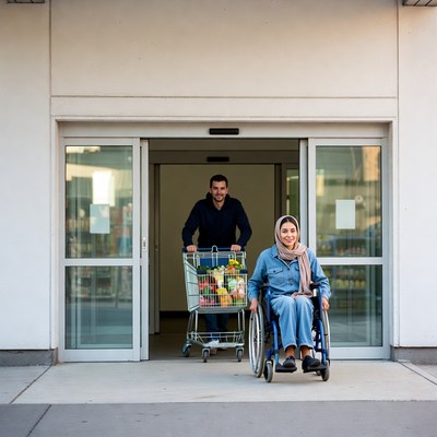 Woman in wheelchair pushing shopping cart