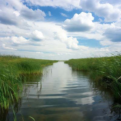 Narrow river through green reeds