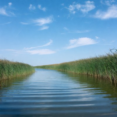 Narrow river through reeds under blue sky