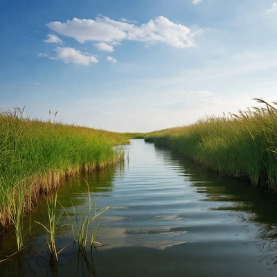 Narrow river through green reeds