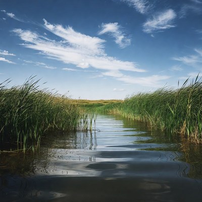 Serene Marsh Channel with Reeds and Sky