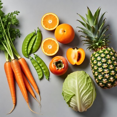 Fresh Fruits and Vegetables on Gray Background