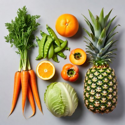 Fresh Fruits and Vegetables on Gray Background
