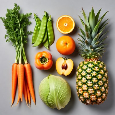 Fresh vegetables and fruits on gray background