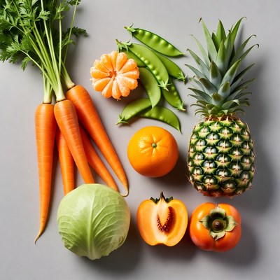 Fresh vegetables and fruits on gray background