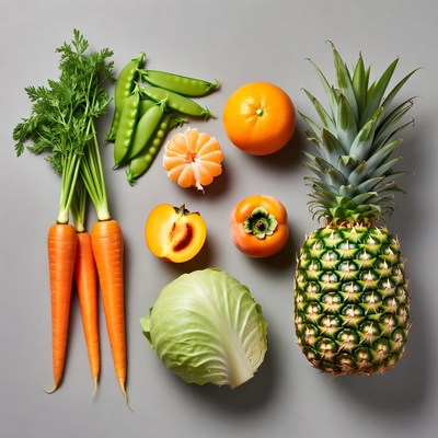 Fresh vegetables and fruits on gray background
