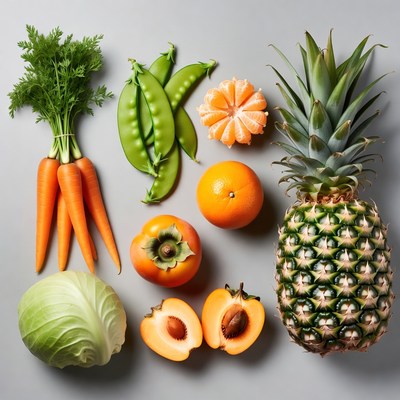Fresh Fruits and Vegetables on Gray Background