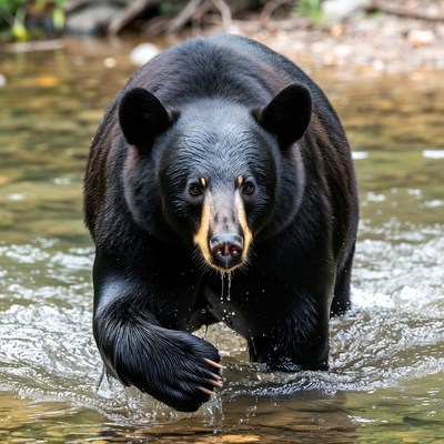 Black bear wading in stream