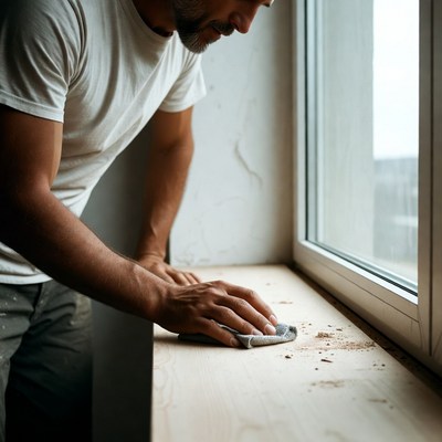 Man sanding wood window sill