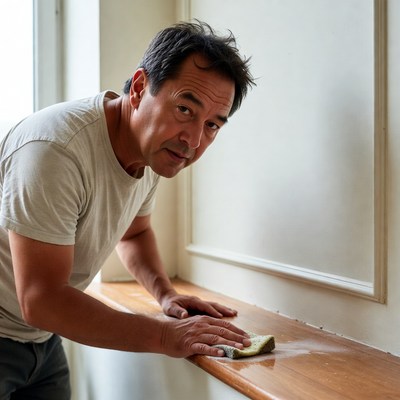 Man sanding wooden windowsill