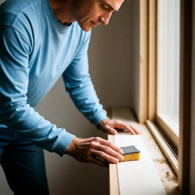 Man cleaning window sill with sponge