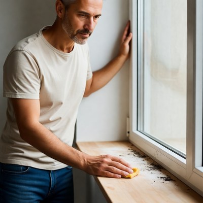 Man cleaning window sill with sponge