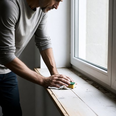 Man cleaning window sill with sponge