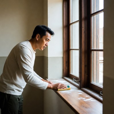Asian man cleaning window sill