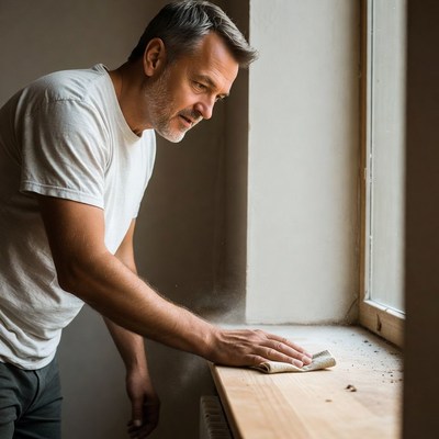Man sanding windowsill
