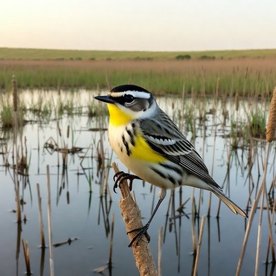 Yellow-rumped Warbler on cattail