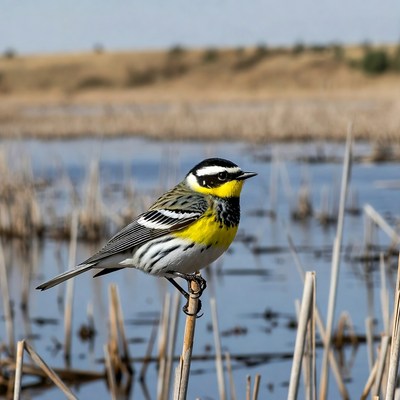 Yellow-rumped Warbler on reed