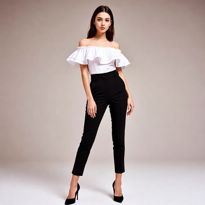 Woman in off-shoulder top and black pants