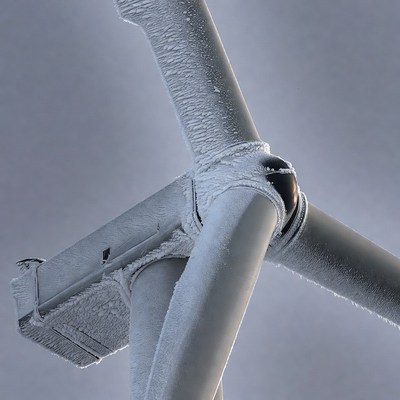 Frost-covered wind turbine blades