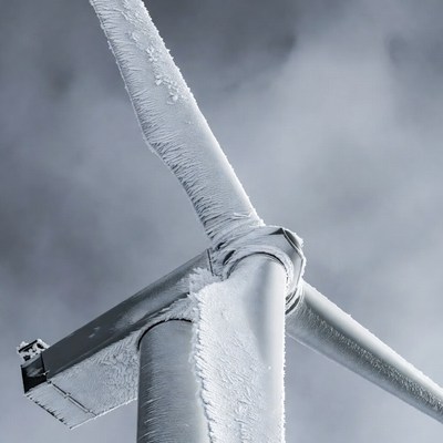 Icy Wind Turbine Blades in Storm