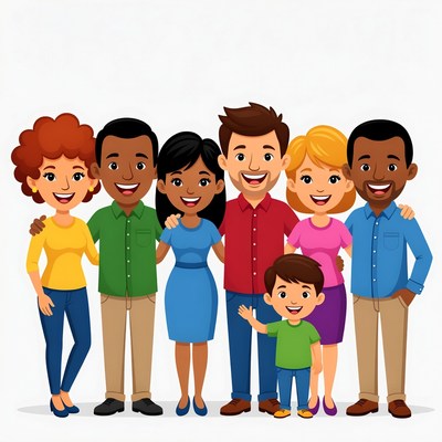 Diverse Cartoon Family Standing Together