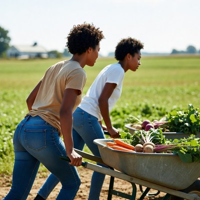 African-American women pushing wheelbarrow of vegetables