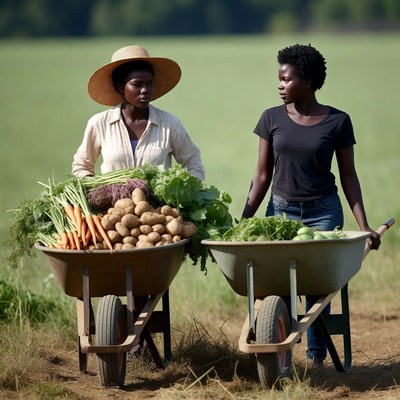 African women pushing vegetable wheelbarrows