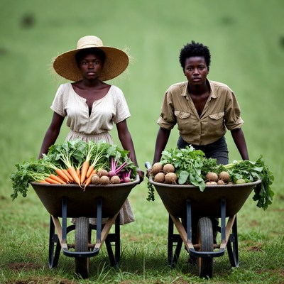 African women with vegetable wheelbarrows