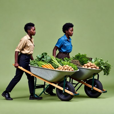 Two African-American women pushing wheelbarrows of vegetables