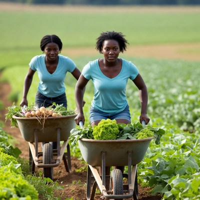 African-American women pushing wheelbarrows in farm