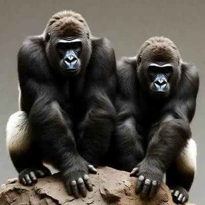 Two Gorillas Sitting on Rock