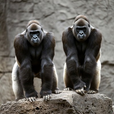 Two Gorillas Standing on Rock