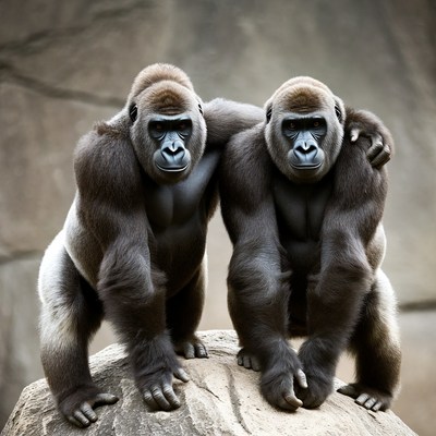 Two gorillas hugging on rock