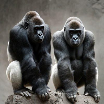 Two Gorillas Sitting on Rock