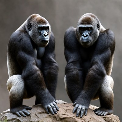 Two silverback gorillas on rock