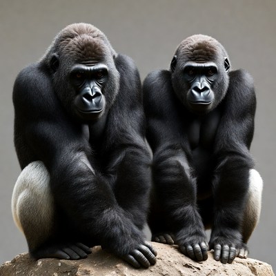 Two Gorillas Sitting on Rock