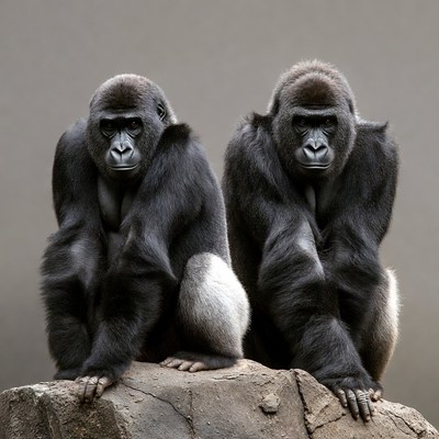 Two Gorillas Sitting on Rock